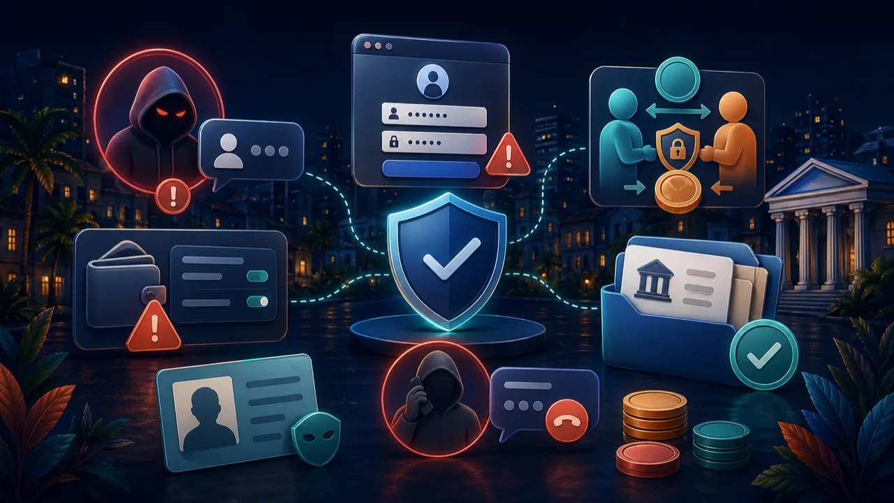 Ilustración educativa de xzneo sobre soporte falso, phishing, P2P triangular, approve malicioso y recuperación falsa en LATAM