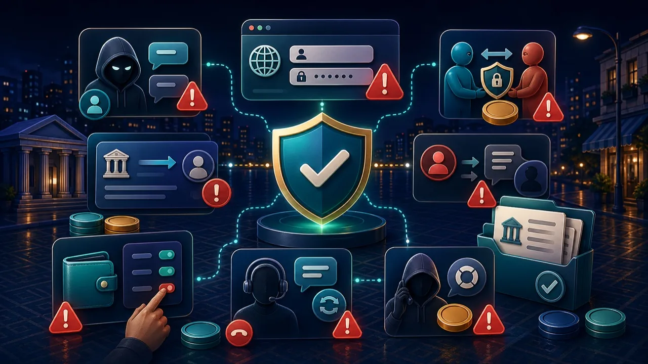 Türkiye için sahte destek, taklit domain, P2P üçüncü kişi ödemesi, approve scam ve sahte kurtarma risklerini anlatan xzneo eğitim görseli