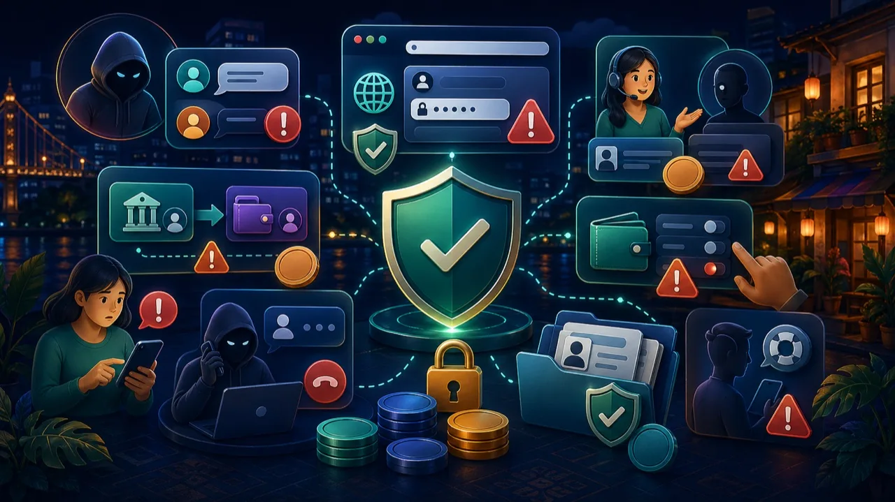 Hình minh họa xzneo về hỗ trợ giả, link đăng nhập giả, P2P không khớp tên, approve scam, KYC hộ và recovery giả tại Việt Nam