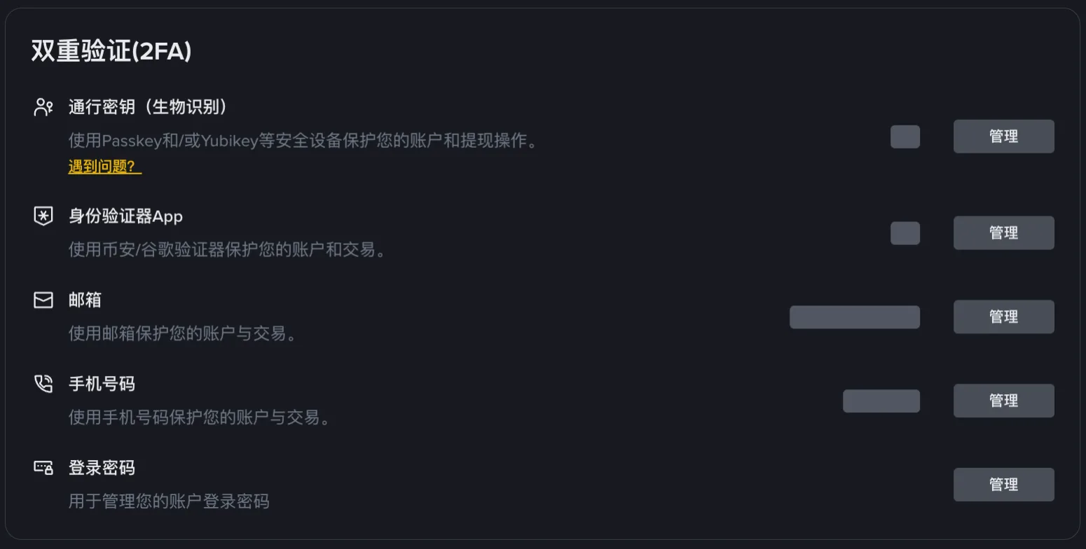 币安账户安全页的双重验证（2FA）设置：通行密钥、身份验证器 App、邮箱、手机号码