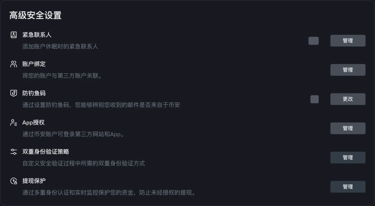 币安账户安全页的高级安全设置：紧急联系人、防钓鱼码、App 授权、提现保护