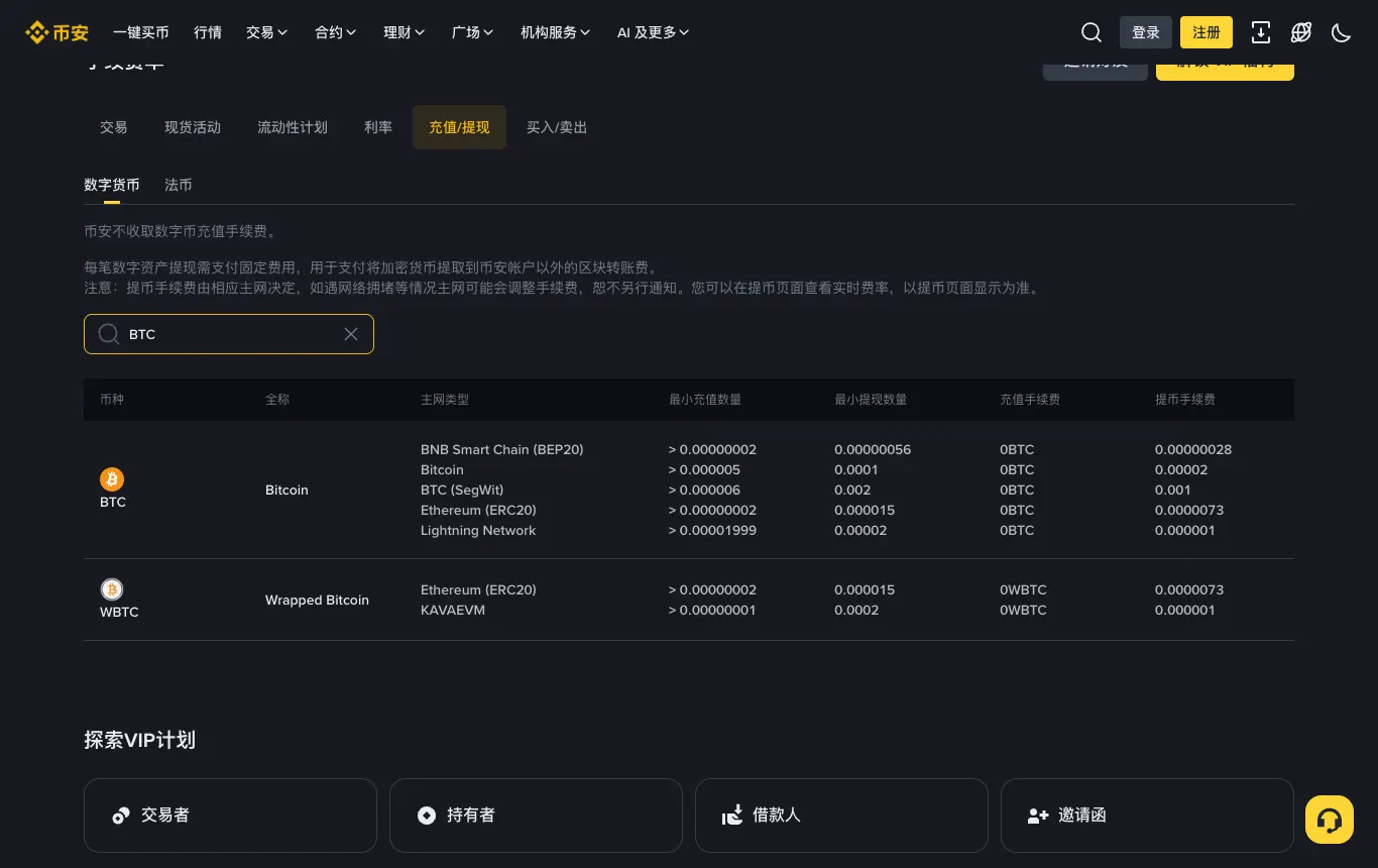 币安充值提现费率页搜索 BTC 的结果
