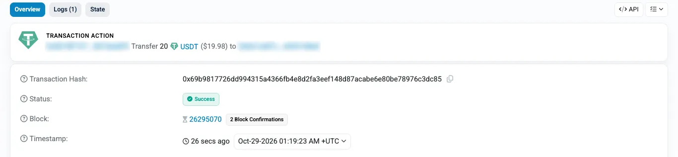 Etherscan 上一笔 USDT 转账的交易详情，状态 Success，2 个区块确认