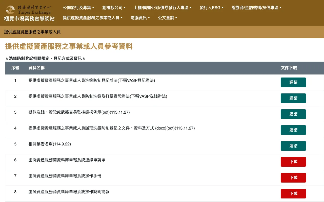 櫃買中心 VASP 洗錢防制登記參考資料頁面