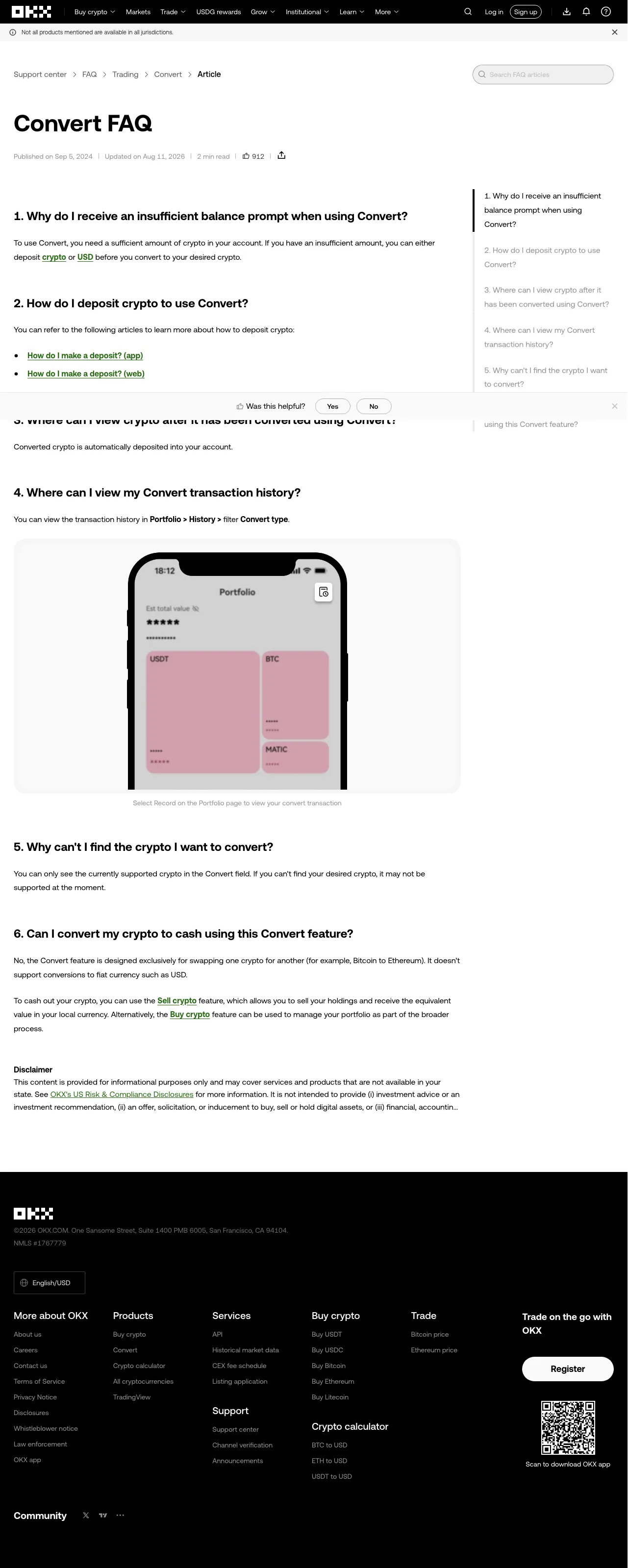 OKX official Convert FAQ stating that Convert swaps crypto and does not itself convert crypto to fiat cash
