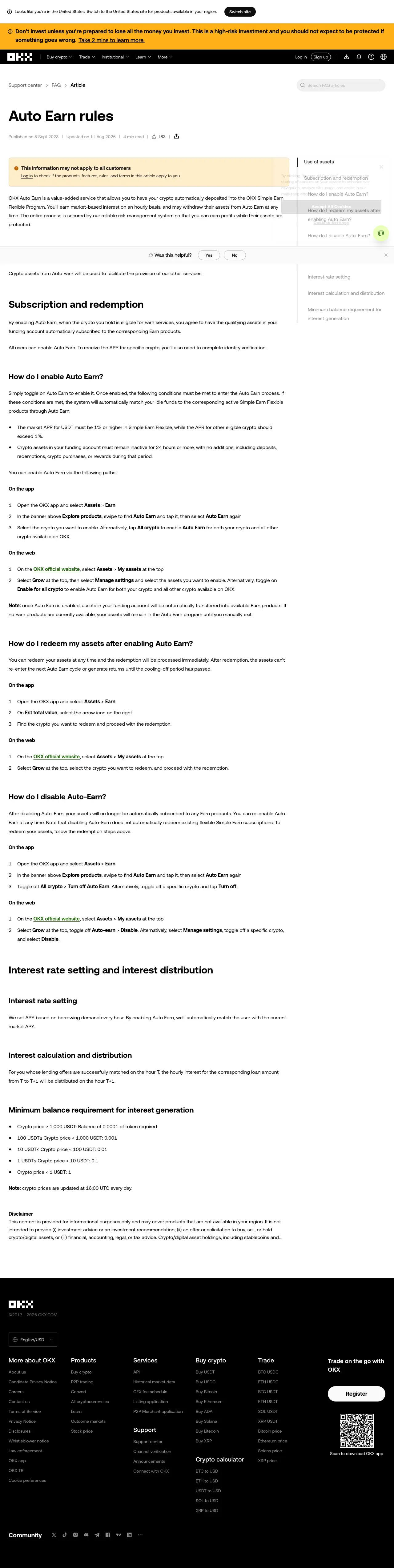 OKX official Auto Earn rules page showing APR, eligibility and rate-distribution details