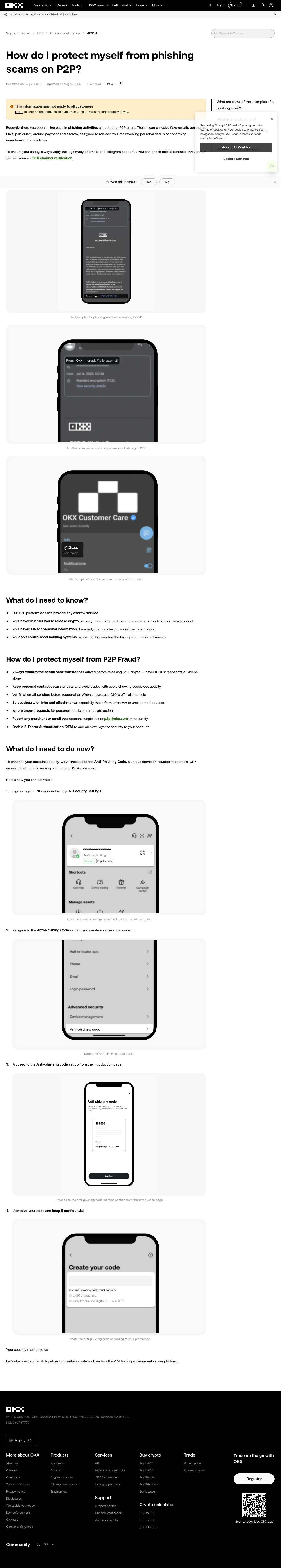 OKX official P2P phishing-scam page warning users to confirm bank receipt and distrust screenshots