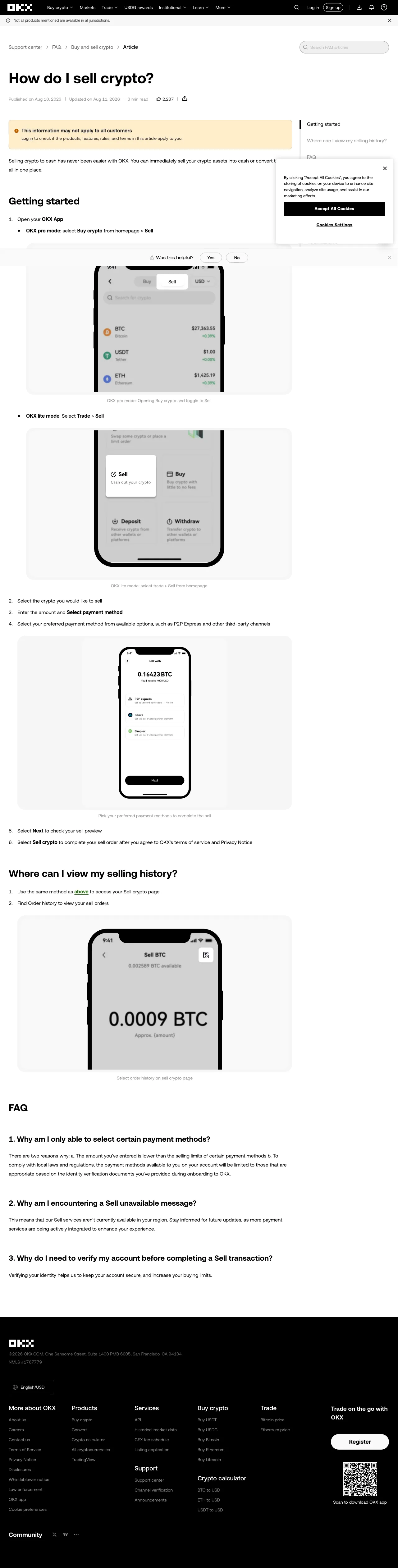 OKX official Sell crypto help page showing the Sell flow and available payment-method step