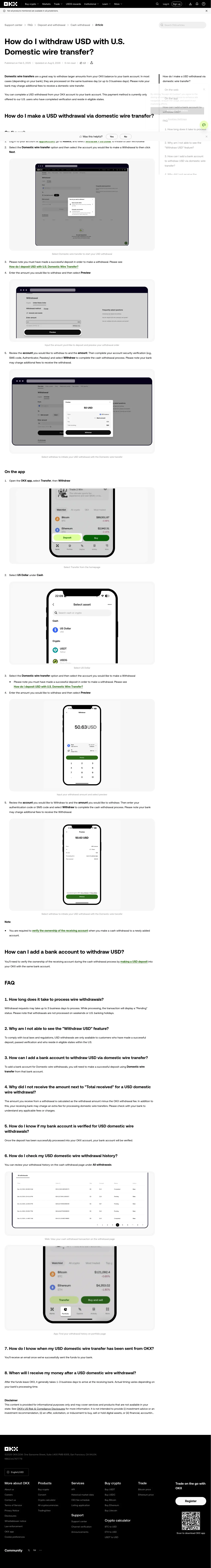 OKX official bank withdrawal flow and account selection screen